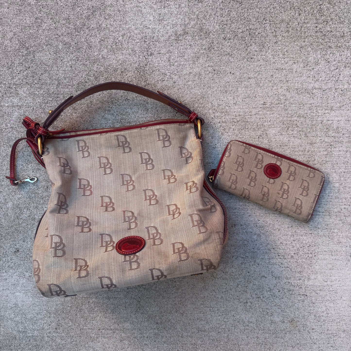 Dooney and Bourke Vintage Monogram Canvas Tassle Shoulder Bag and Wallet