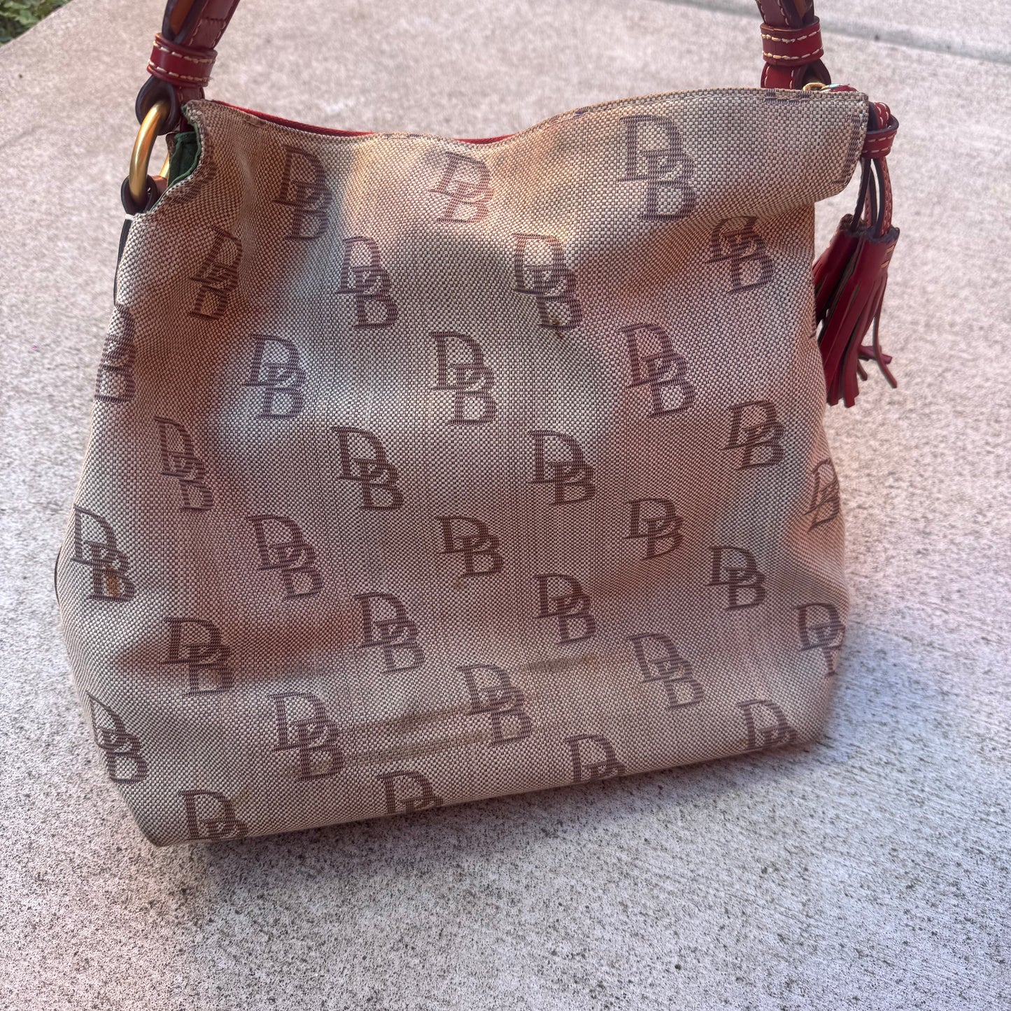 Dooney and Bourke Vintage Monogram Canvas Tassle Shoulder Bag and Wallet